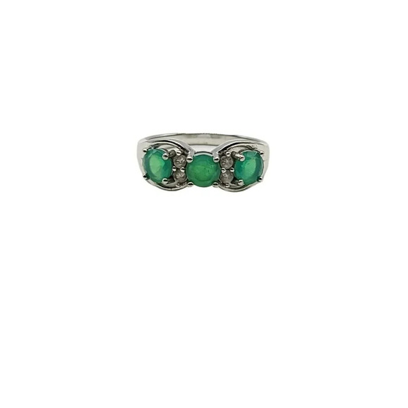 Faux Emerald Green Rhinestone Costume Bling Ring Size 7 Silver Plated Marked 925 - Picture 1 of 5